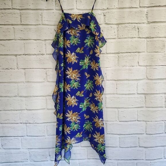 WD.NY Blue hawaiian ruffle dress tropical palm - Picture 1 of 13